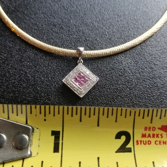 Yellow/White 14k Reversible Omega Chain with Diamond and Pink Sapphire Pendent - Picture 4 of 10